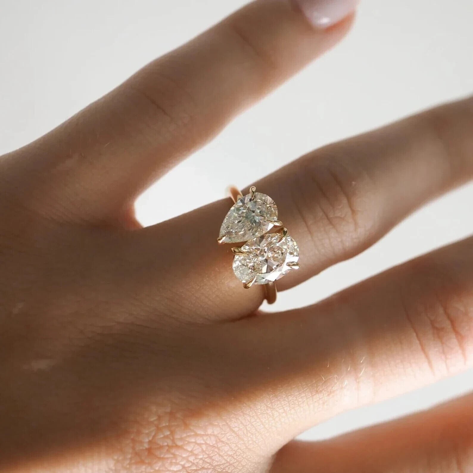 4CT Pear + Oval Cut CZ Diamond Toi Et Moi Engagement Ring 14K Yellow Gold Finish