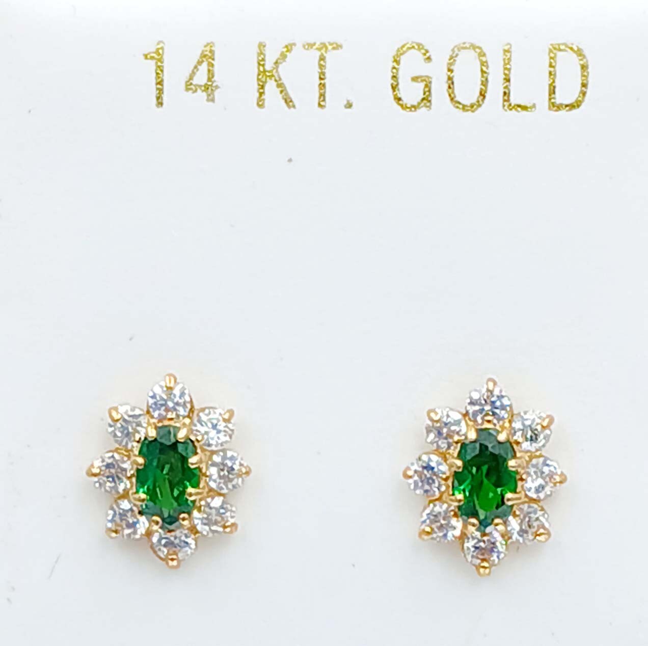LAB CREATED EMERALD & WHITE SAPPHIRE STUD FLOWER EARRINGS 14K GOLD – Screw Back