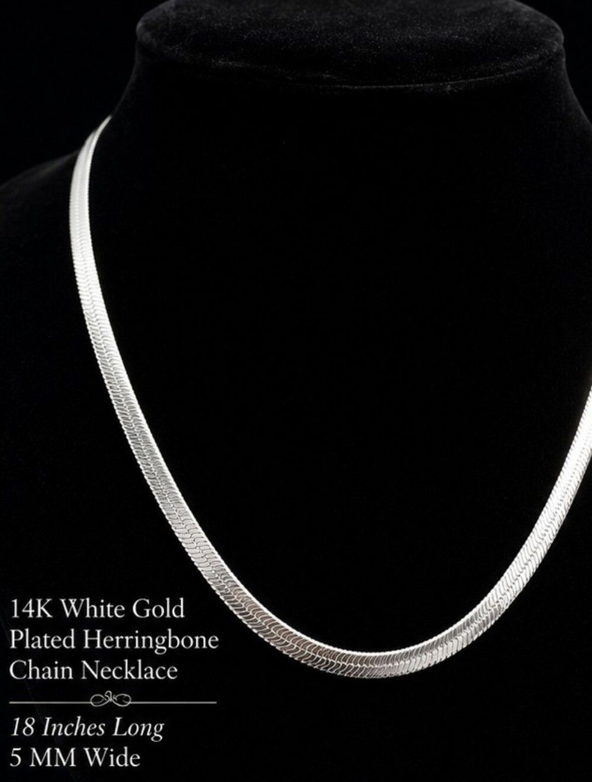 Vintage NOS 14K White Gold Plated 5mm Herringbone Necklace 18″ Flat Snake Chain