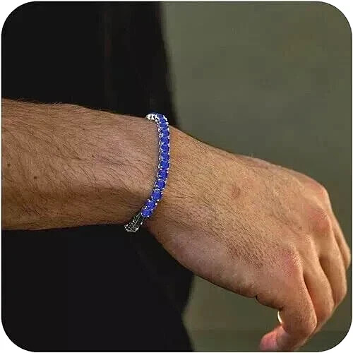 15Ct Round Lab Created Blue Sapphire Men’s Tennis Bracelet 14K White Gold Plated
