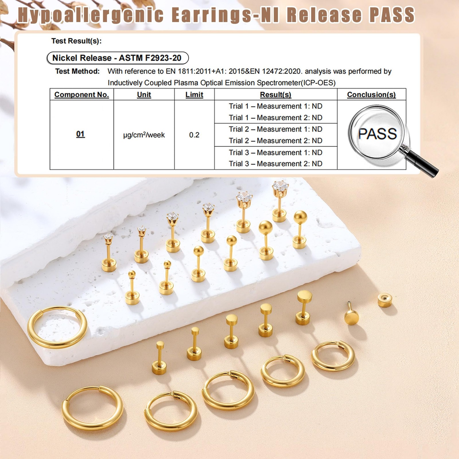 FASACCO Small Tiny Stud Flat Back 20G (0.8MM) and 18G (1MM), gold tone