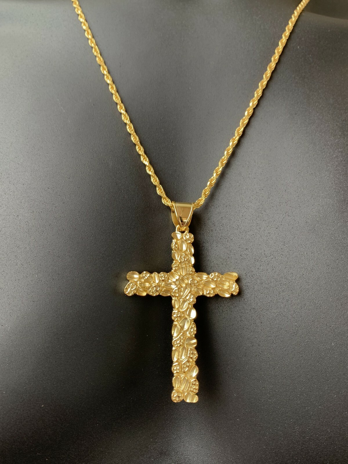 Mens Large Gold Nugget Cross 14k Gold Plated Solid 925 Silver Necklace Chain