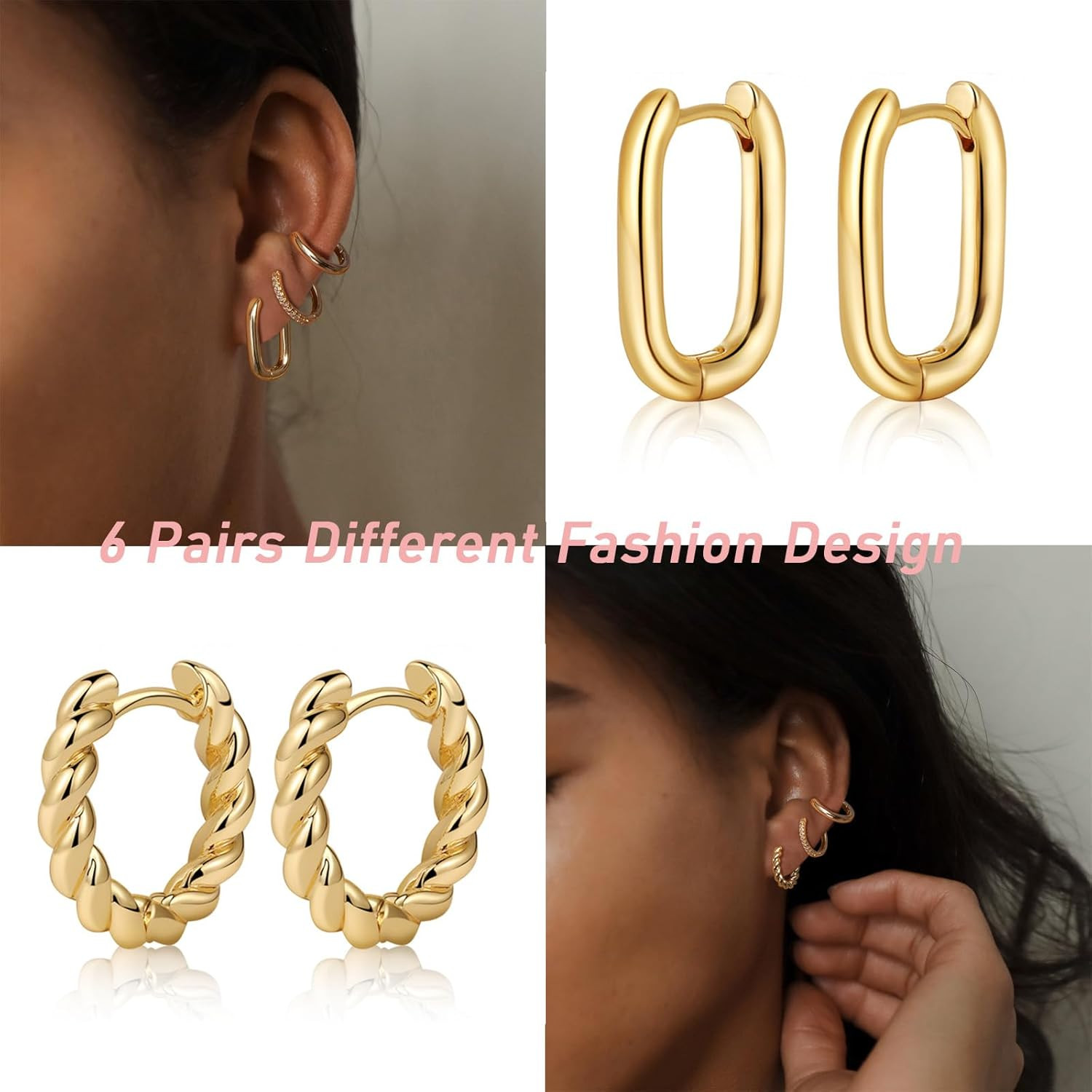 Gold/Sliver Chunky Hoop Earrings Set for Women, 14K Gold Plated Twisted Huggie H