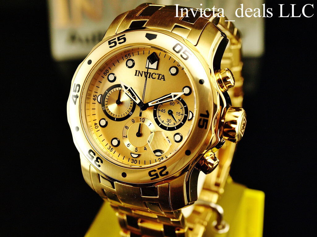 Invicta Men’s 48mm PRO DIVER Scuba Chronograph Gold Dial 18K Gold Plated Watch