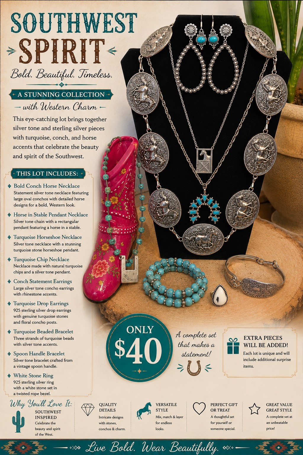 Western Silver-Tone Turquoise Jewelry Set Necklace Earrings Bracelet Ring