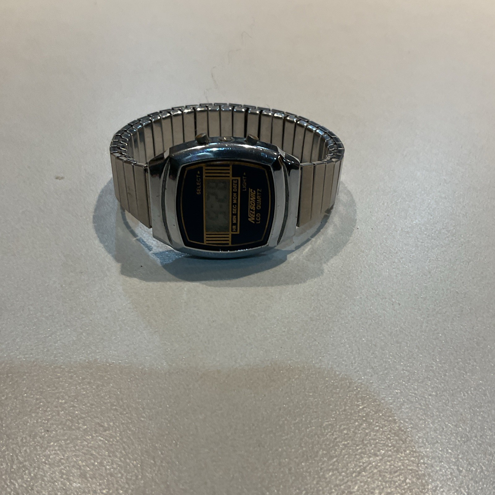 Nelsonic Vintage Quartz Digital Watch Date 33mm Rectangle SS Stretch 1980s