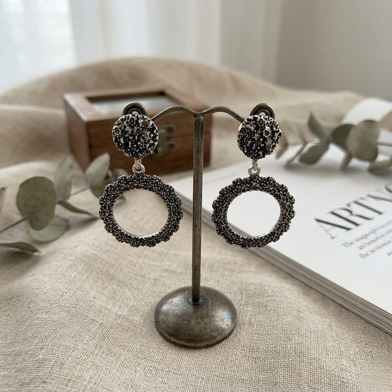 Vintage French Textured Hoop Earrings Antique Silver Statement DropEarrings 316L