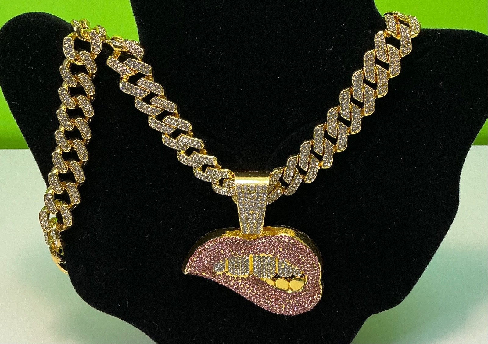 Biting Lip Pendant Necklace Bracelet Lot Hip Hop Iced 20” Inches CZ Chain Cuban