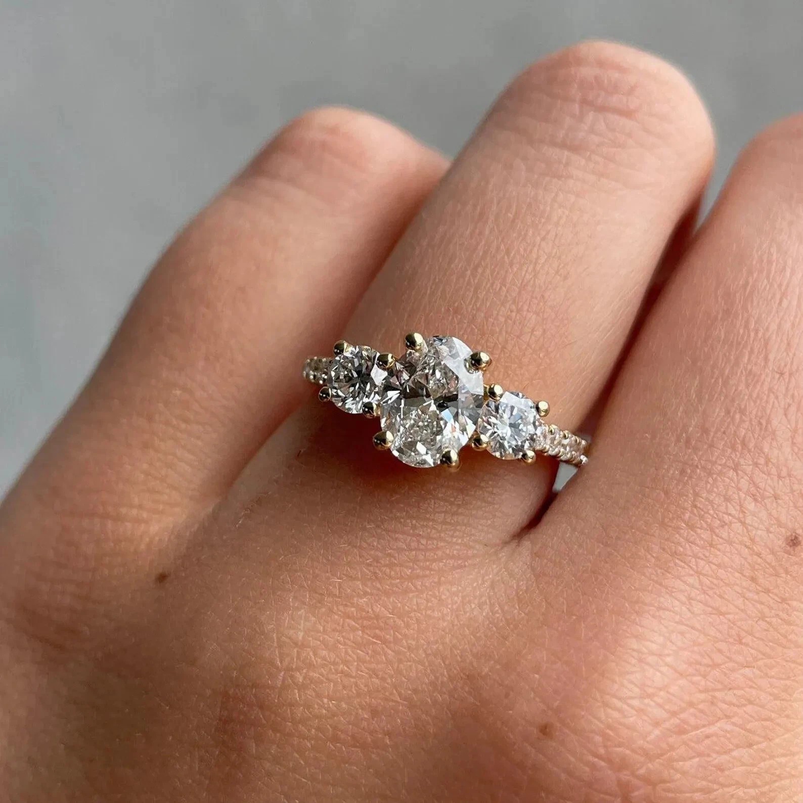 2.50 Ct Oval Cut Moissanite Three Stone Wedding Ring 14k Yellow Gold Plated