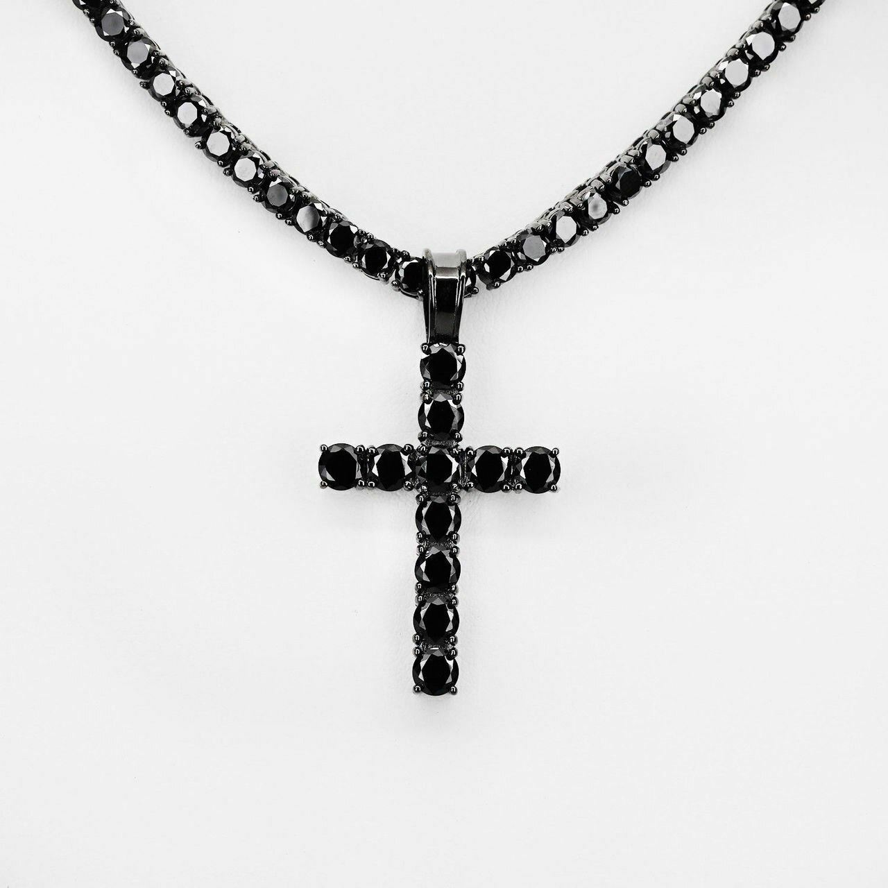 Tennis Chain W. Cross Solid Real 925 Sterling Silver 4mm Black CZ 1 Row