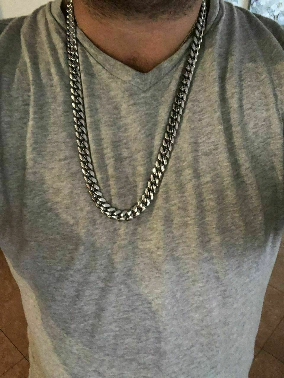 12mm Mens Miami Cuban Link Chain Stainless Steel HEAVY Looks Like Silver Hip Hop