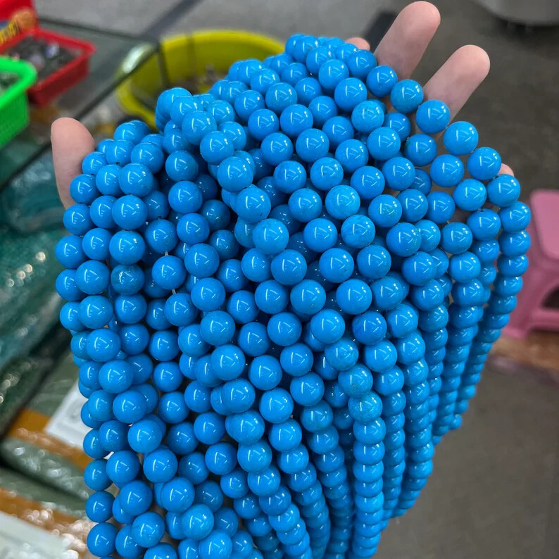 Sleeping Beauty Turquoise Smooth Round Stone Beads – 15” Strand Healing Crystals