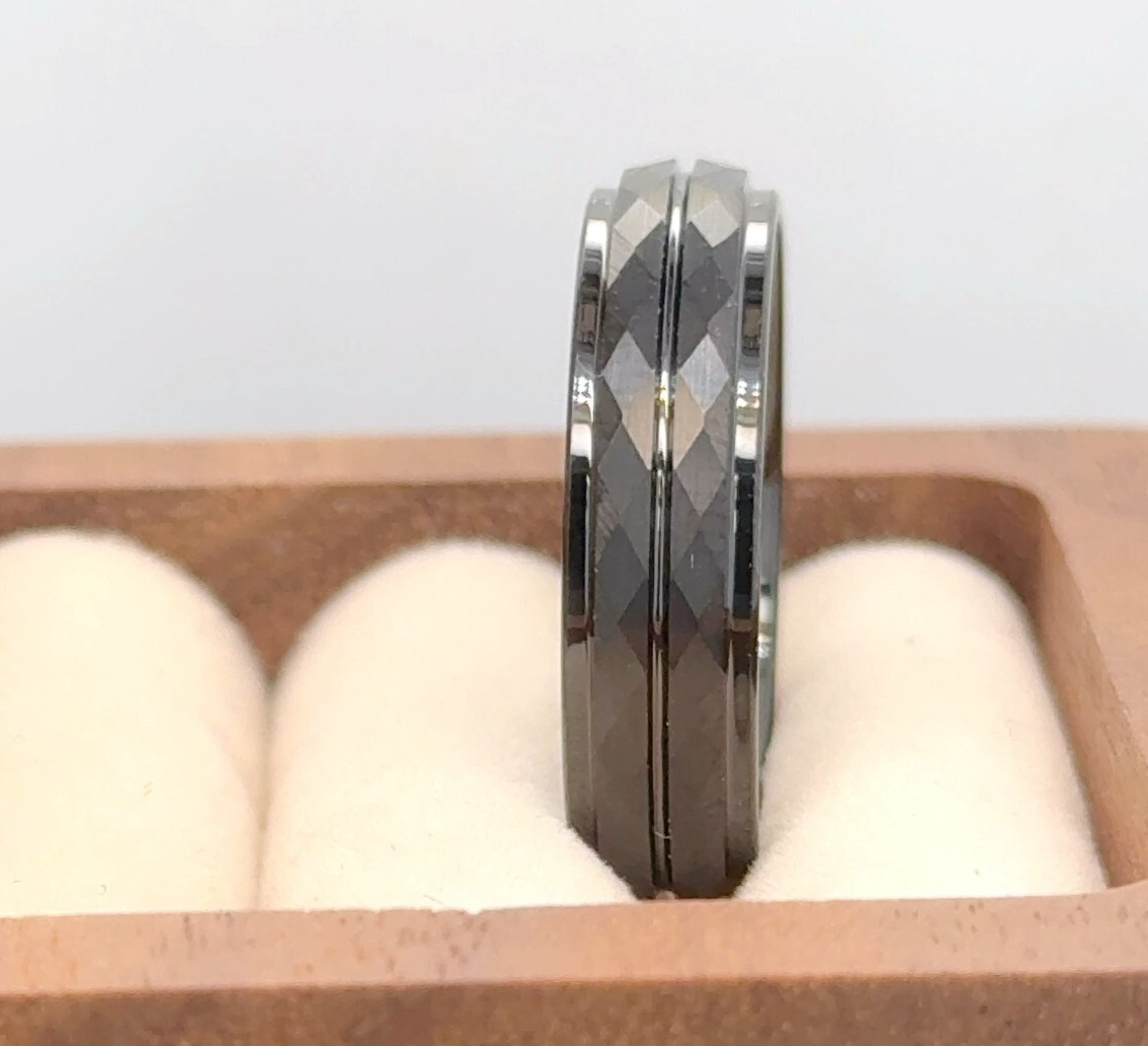 Comfort Fit Wife Gift Ring Faceted Matt Finish Design Band 6mm Black Tungsten