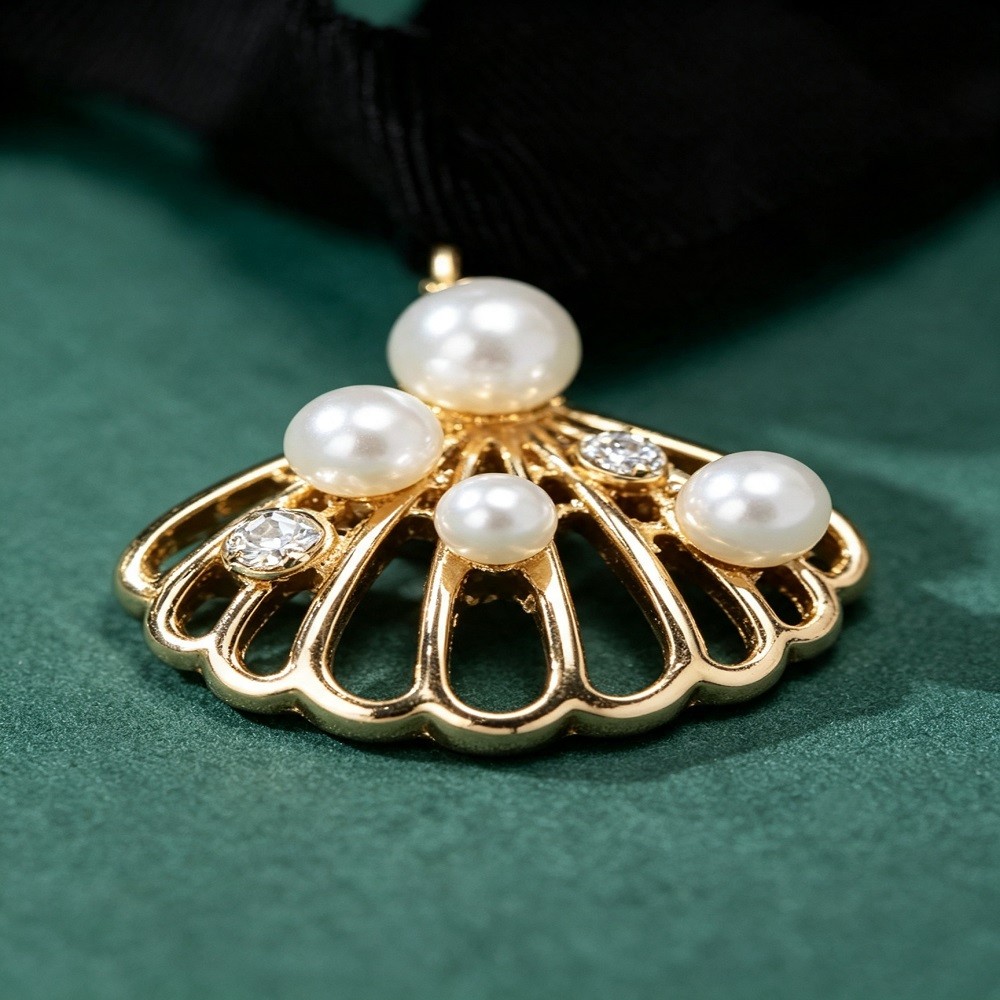 Black Velvet Choker Necklace Gold Hollow Shell Pendant Faux Pearl Rhinestone