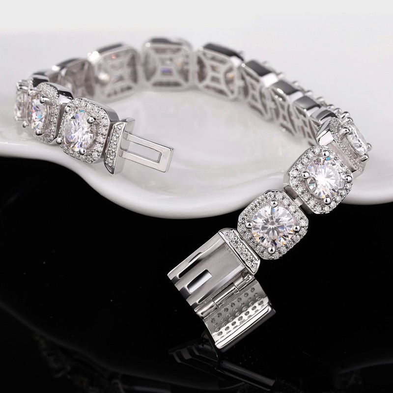 Full Real Moissanite Halo Tennis Bracelet Men 925 Sterling Silver Chain Hip Hop