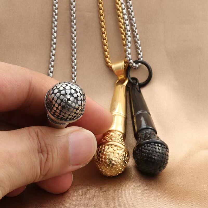 Hip-Hop Punk DJ Microphone Stainless Steel Necklace Men Women Pendant Chain 22″