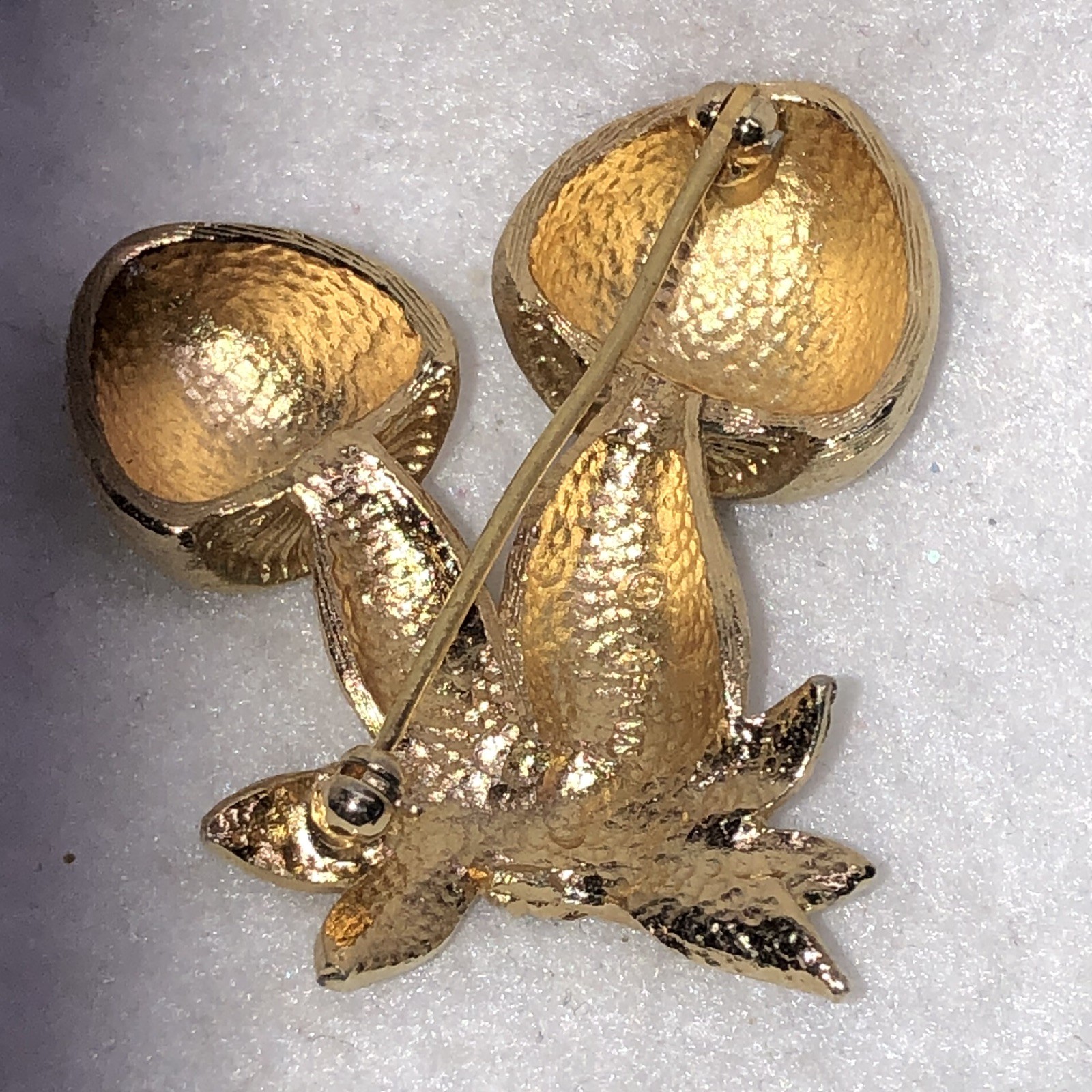 VTG Double Mushroom Signed Napier Satin Brushed Gold Tone Pin Brooch 1970s BOHO