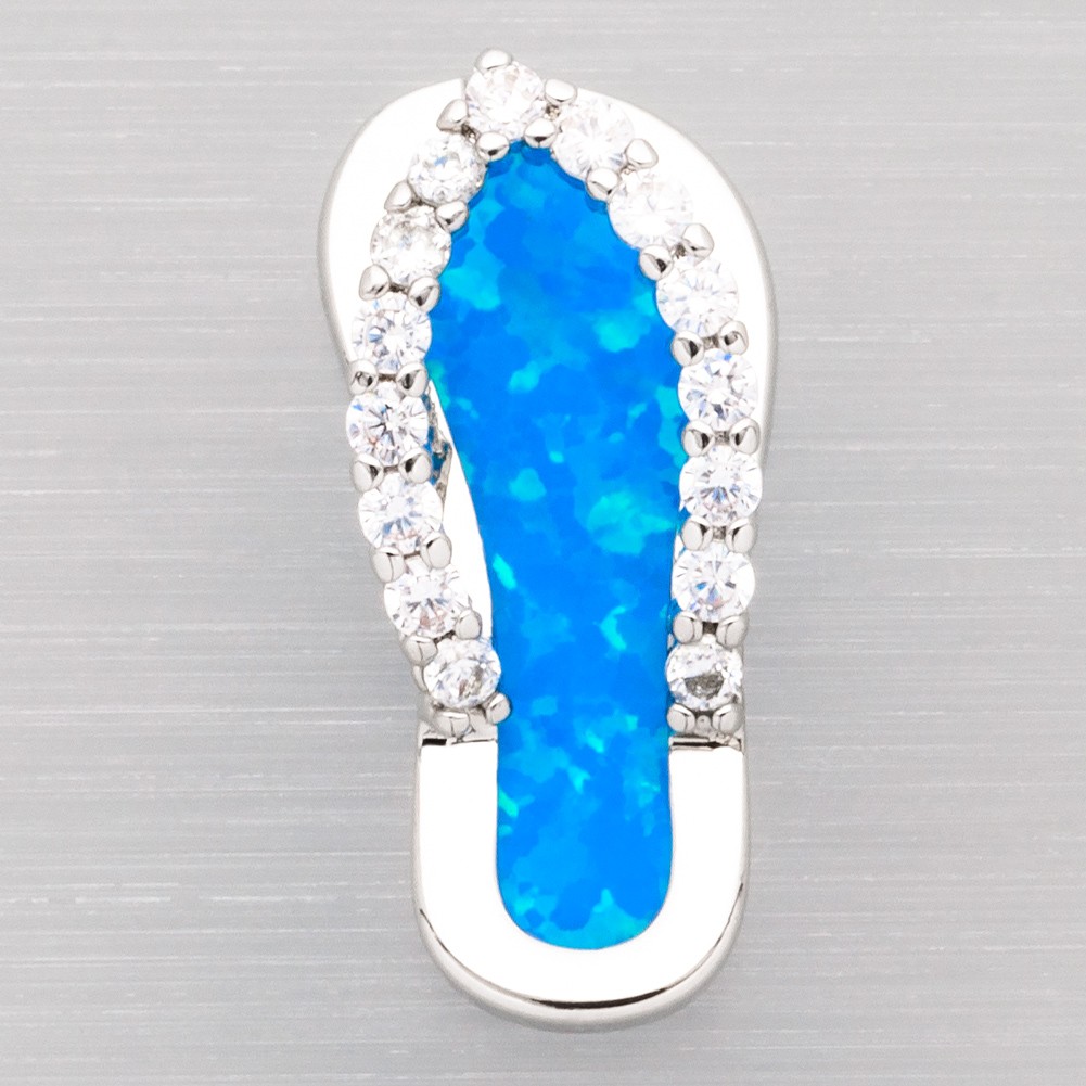 Beach Flip Flop Ocean Blue Fire Opal CZ Silver Jewelry Necklace Pendant