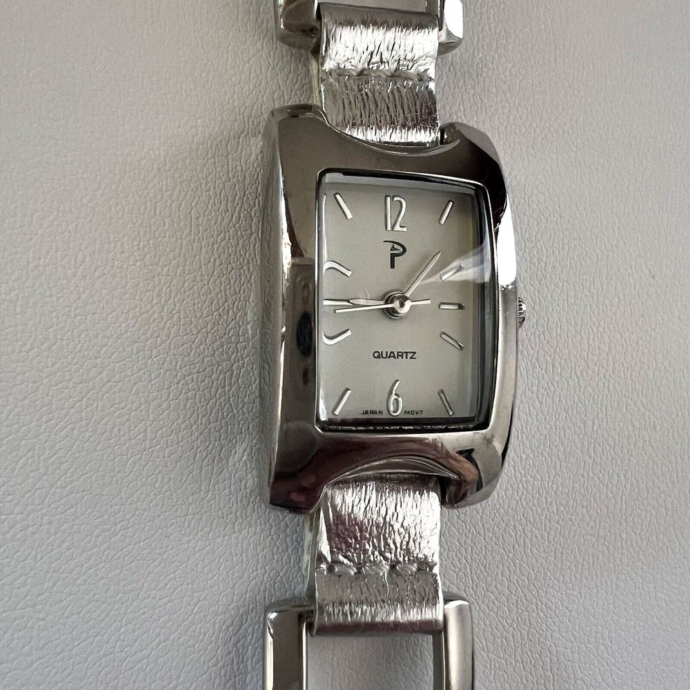 Vintage “P” Women’s Watch Silver Tone New Battery Rectangle Face White 8 in.