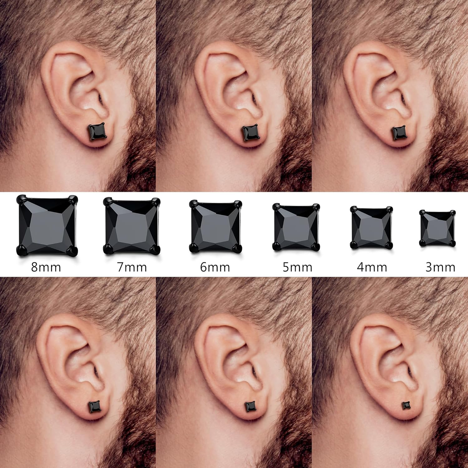 2Pairs Hypoallergenic Black Stud Earrings for Men Women 316L Stainless Steel Squ