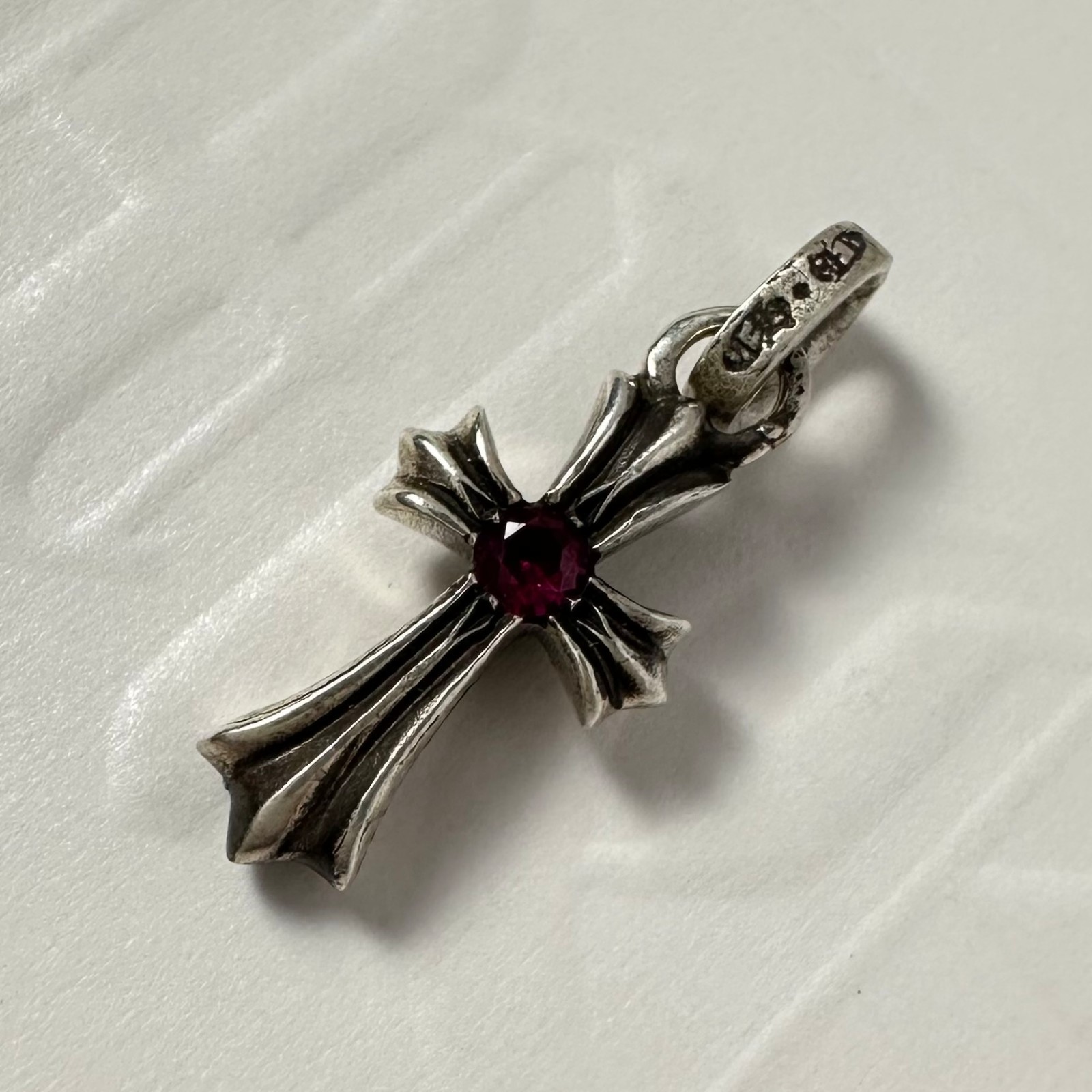 Authentic Chrome Hearts Single Ruby Baby Fat Cross Charm 925 Sterling Silver