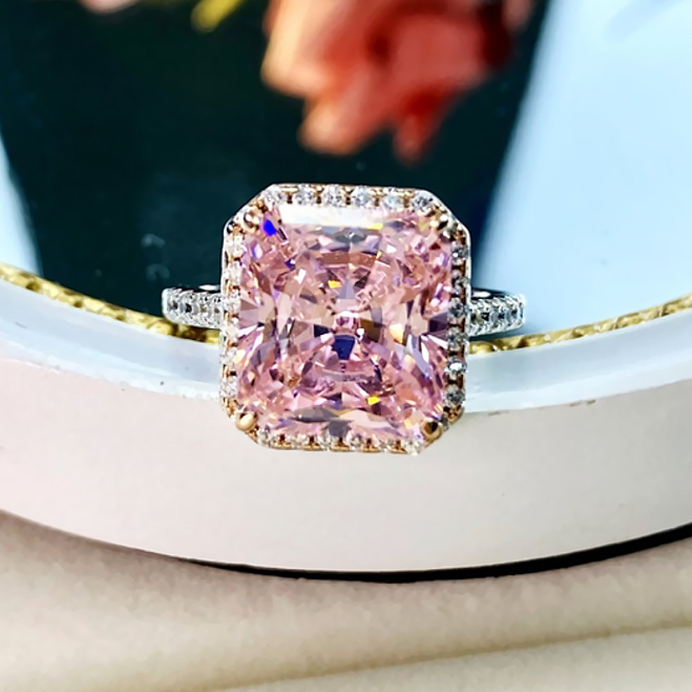14K White Gold Wedding Ring Lab Created Pink Sapphire Diamond 4.40 Carat Radiant