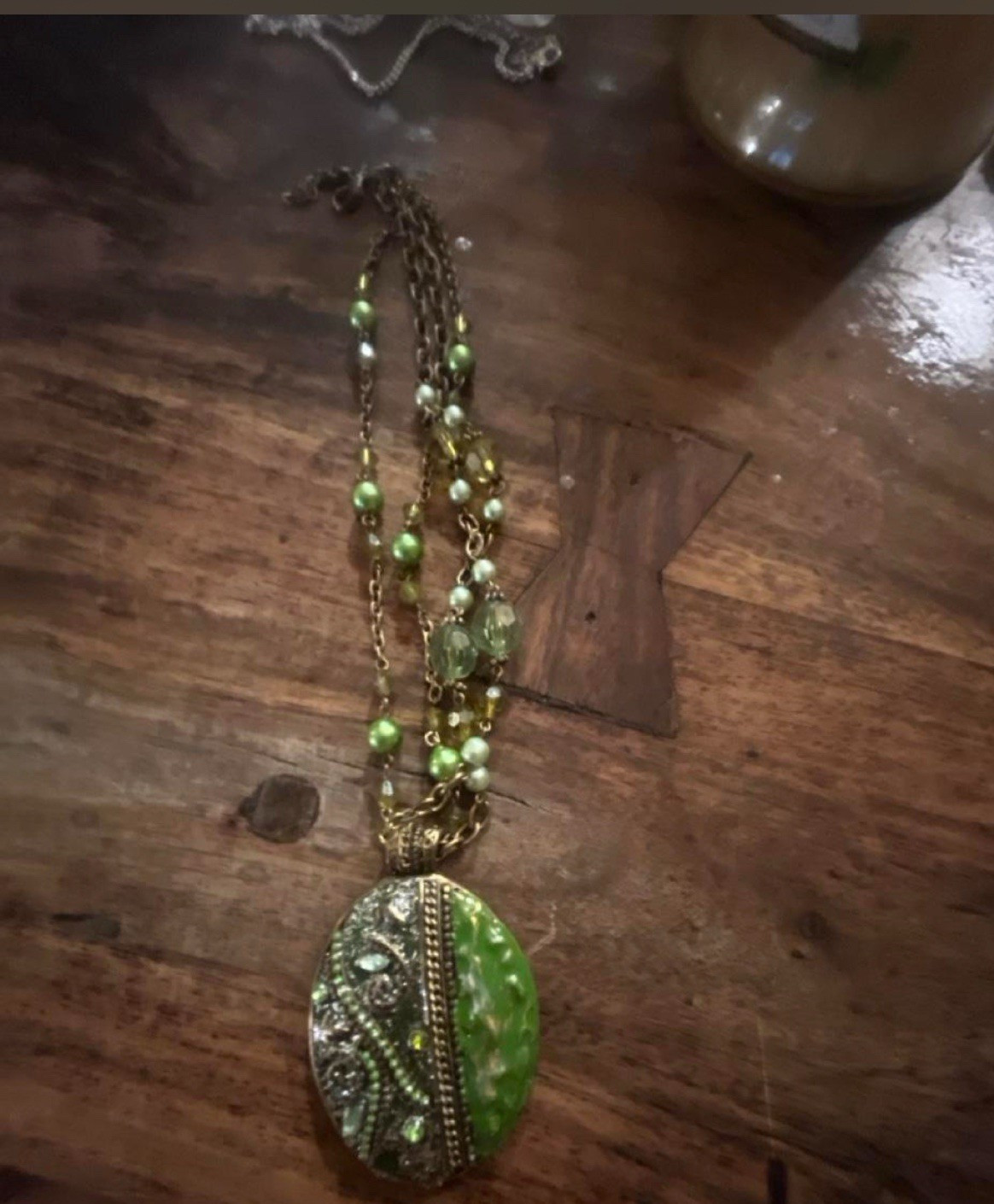 Green Gold Tone Beaded Necklace Oval Charm Pendant Clear Crystal Pavé