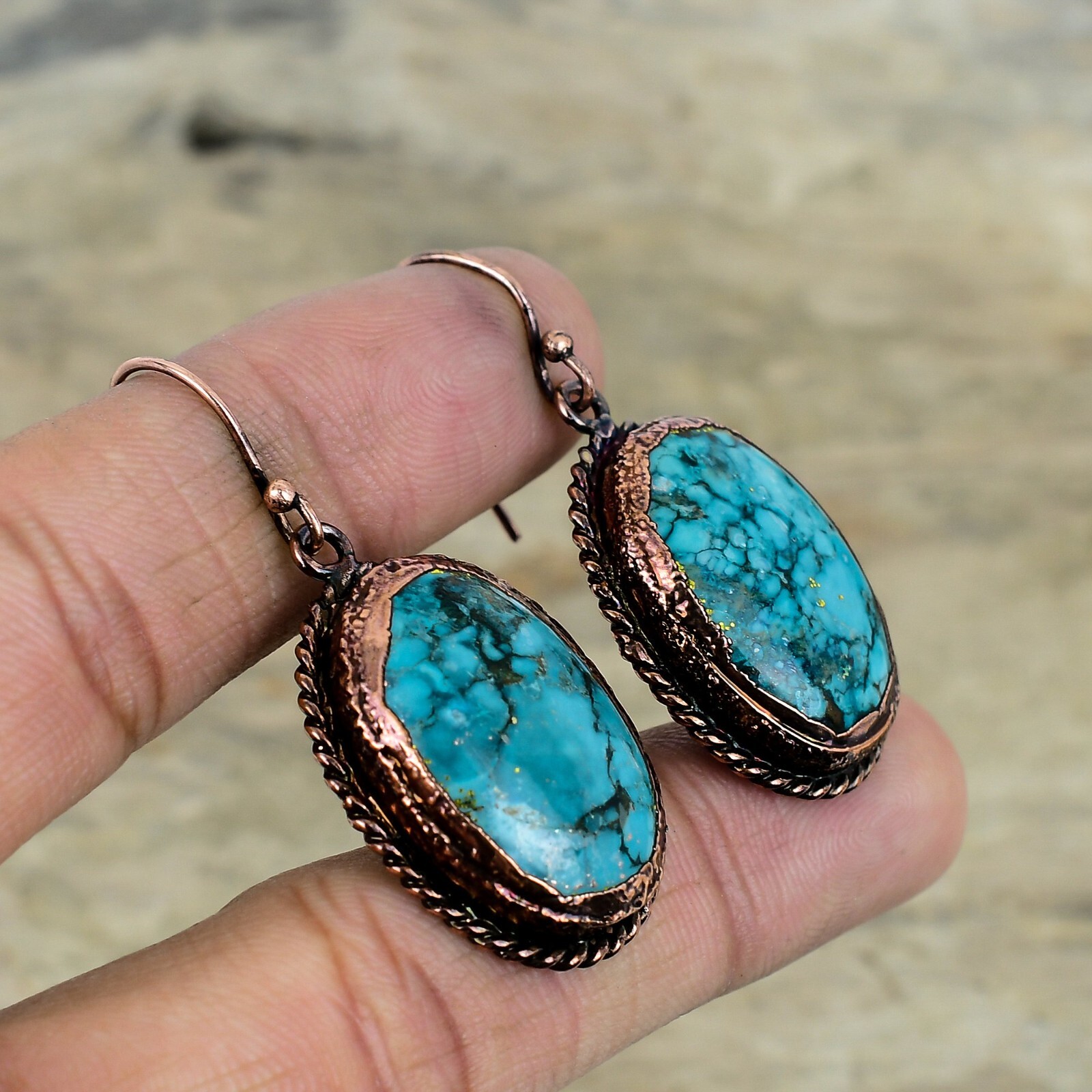 Tibetan Turquoise Electroformed Earrings Handcrafted Copper Designer 1.97″