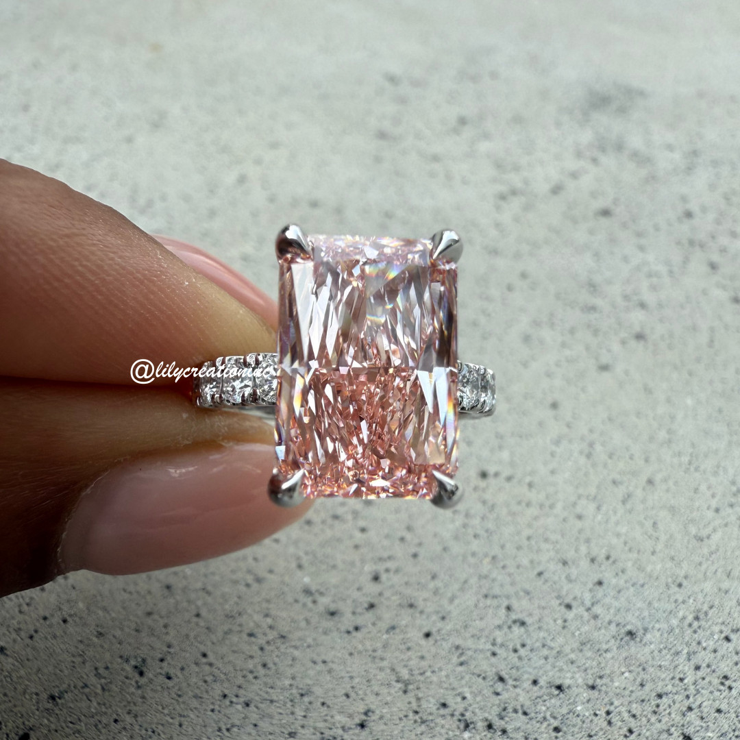 5Ct Pink Radiant IGI Certified Lab Grown Diamond Engagement Ring w/Side Diamonds