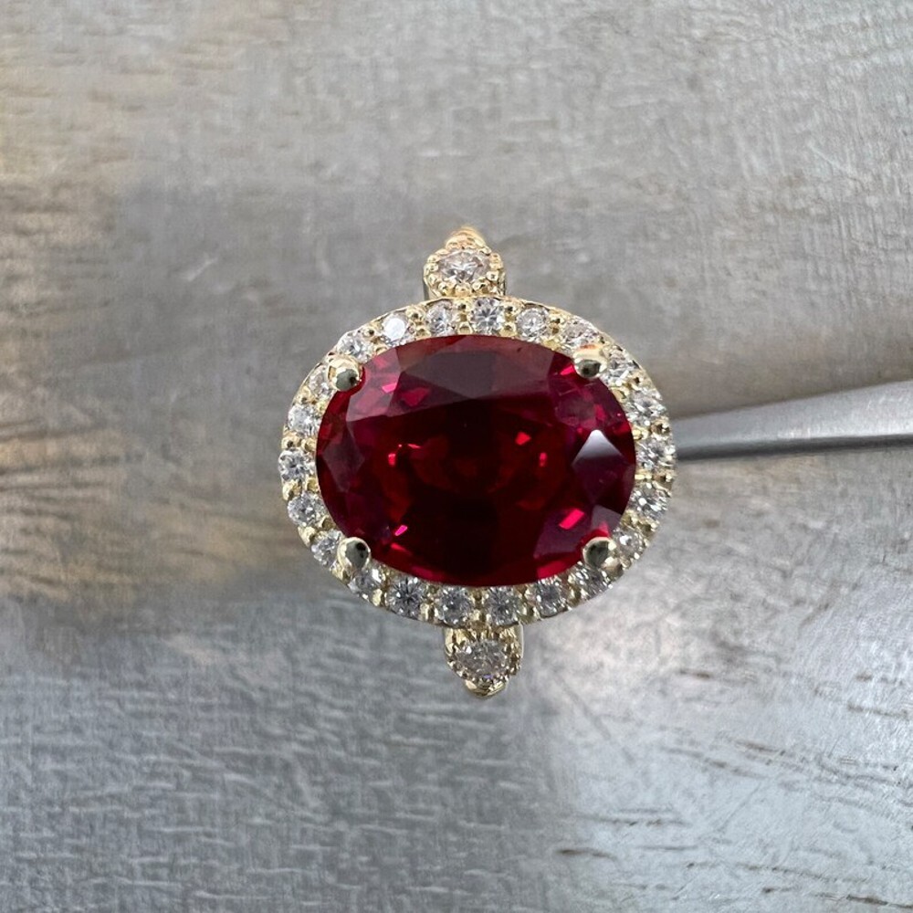 14K Yellow Gold Wedding Ring Lab Created 3.50 Ct Diamond Women Ruby Oval Red