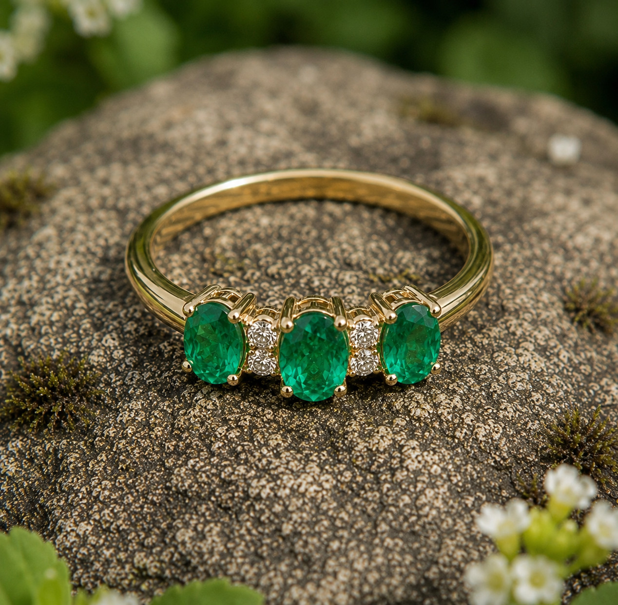 2Ct Oval Cut Lab Created Green Emerald Three-Stone Ring 14K Yellow Gold Plated