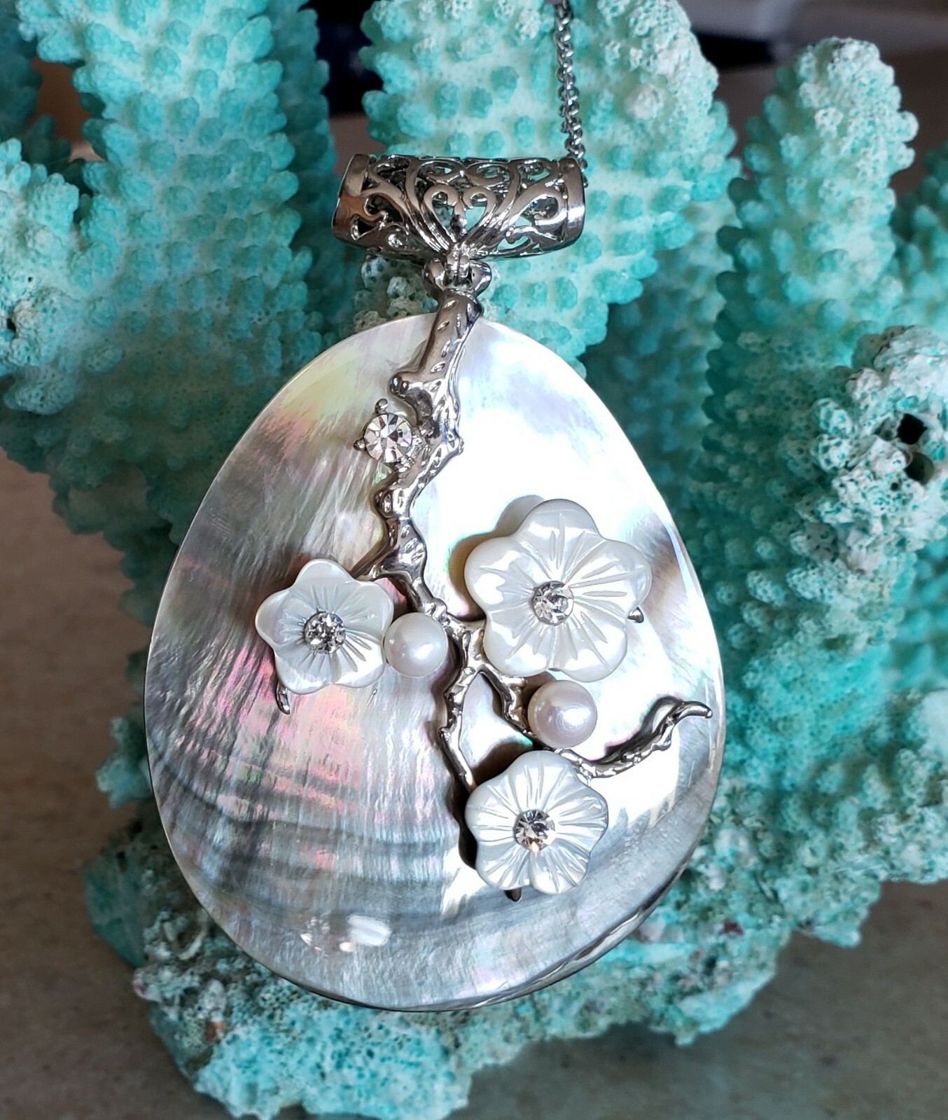 Abalone Shell Necklace Stunning, Faux Diamonds Flowers Pearls Coastal Jewelry