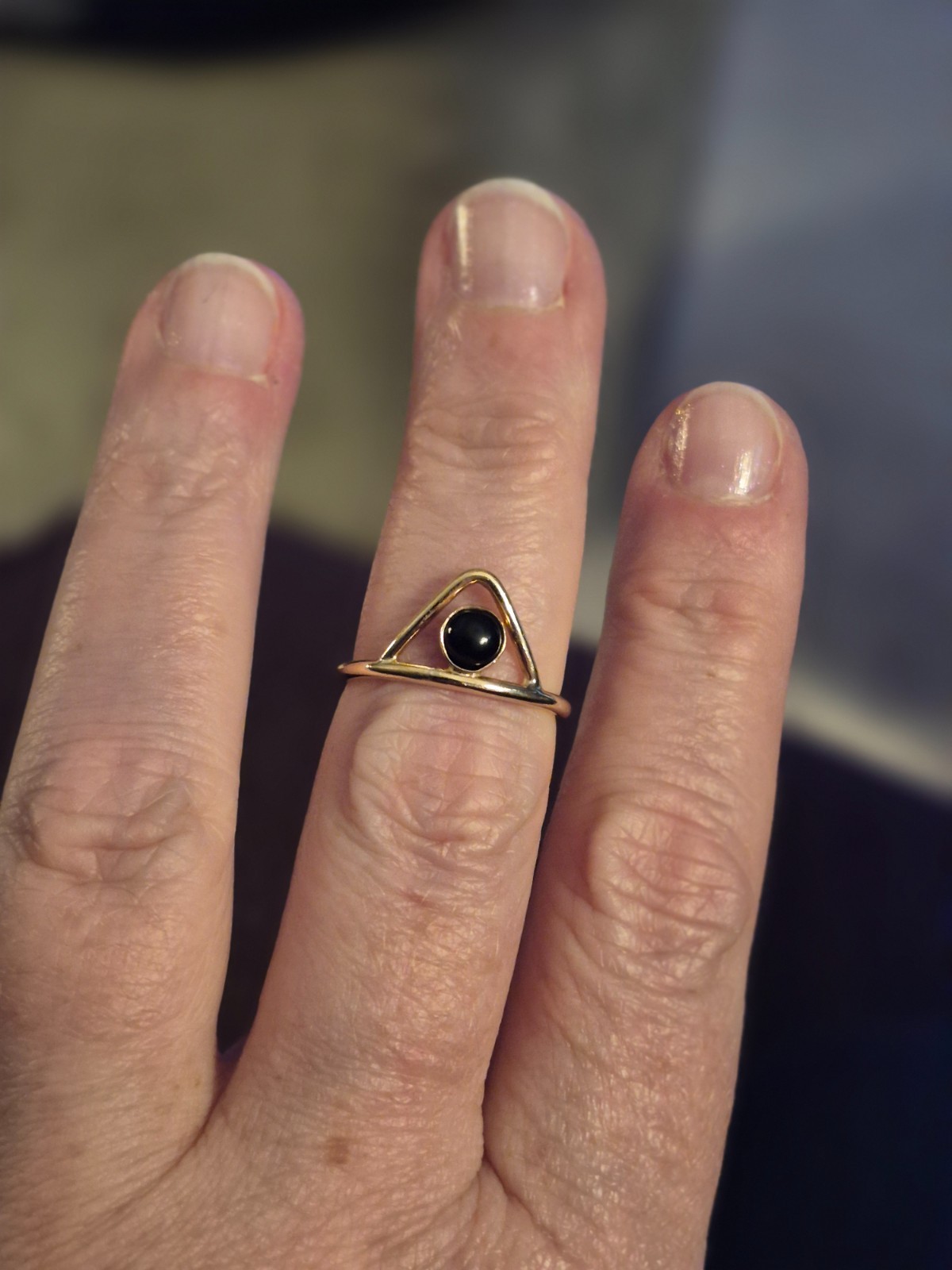 Yellow gold black bezel stone ring, Size 7