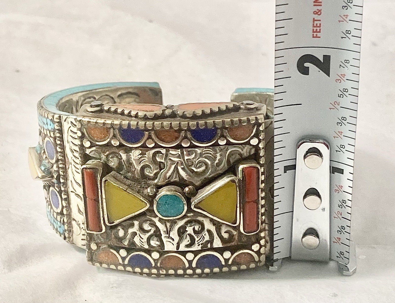 Moroccan Silver Tone Style Berber Mosaic Cuff Bracelet Coral Turquoise Enamel