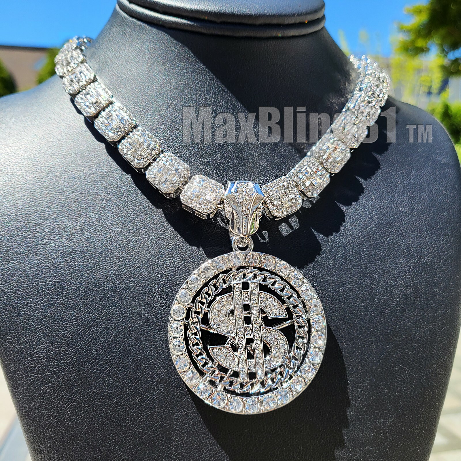Silver Plated Alloy Iced $ Sign Pendant 16″ ~ 20″ Cubic Zirconia Chain Necklace