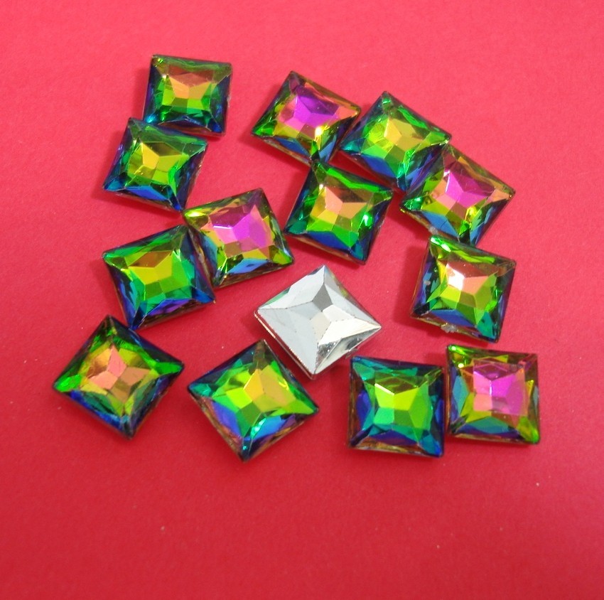 10pcs-Vintage Acrylic Vitrail Faceted Foiled Pointed Back Square Rhinestone.