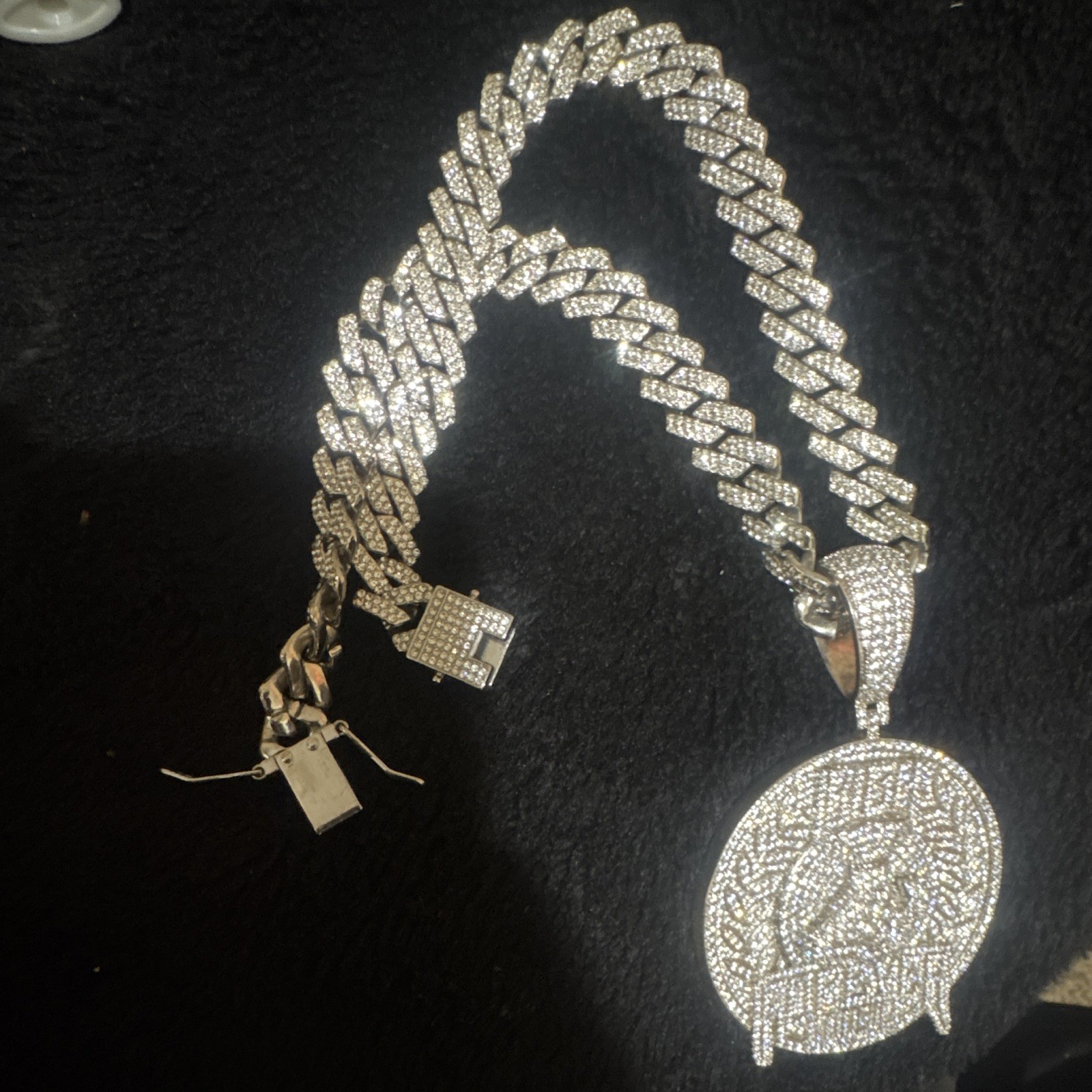 Silver Tone Iced Out Pavé CZ Cuban Link Chain Round Pendant Necklace Box