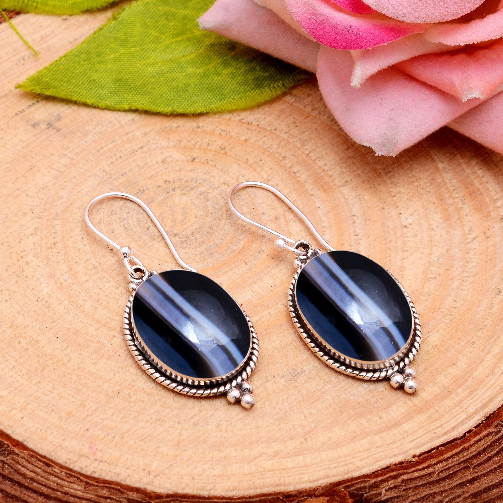 Banded Agate Sterling Silver Earrings Gift For Women Unique Artisan Drop Earring