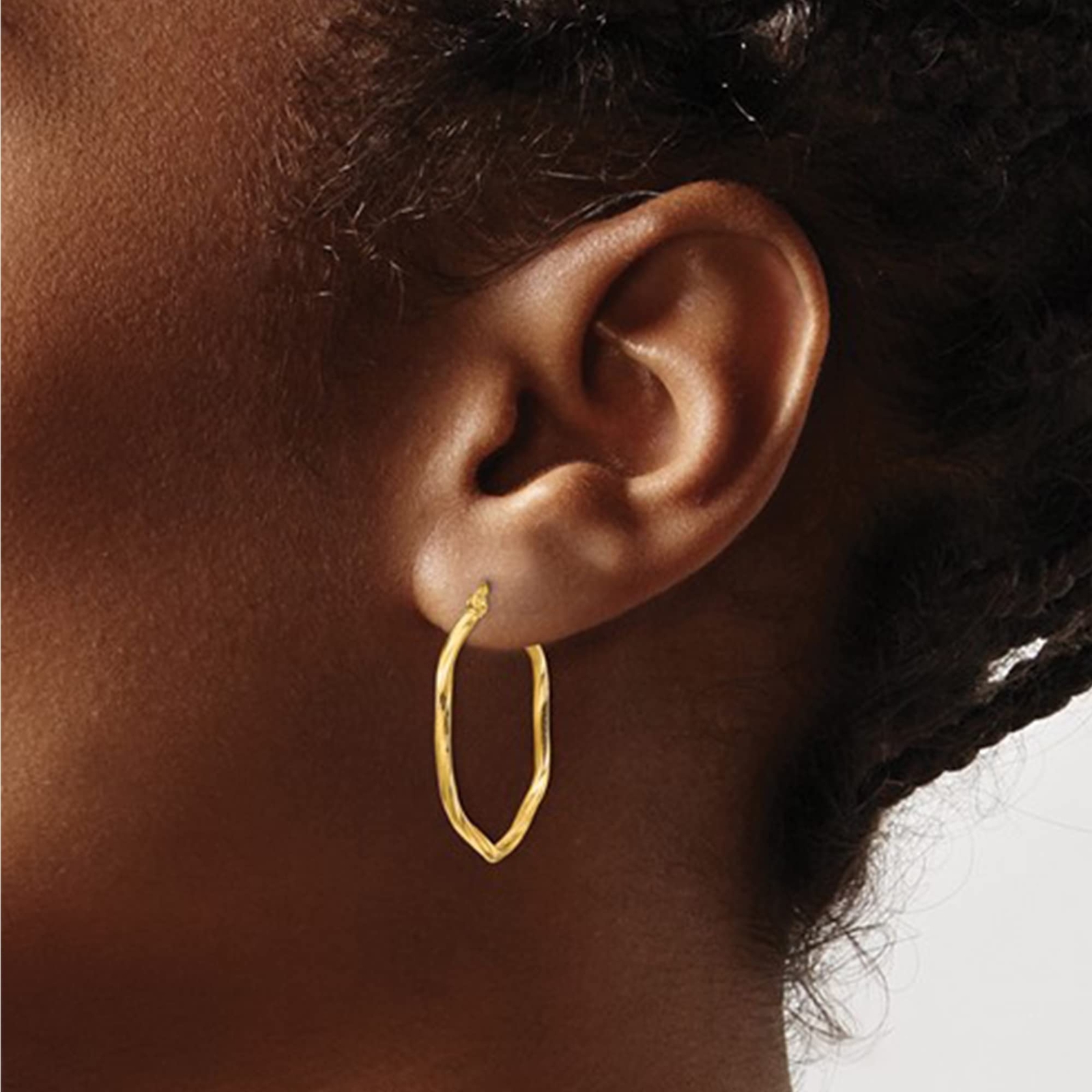 14K Yellow Gold 1x1mm Textured Twist Hexagon Hoop Earrings