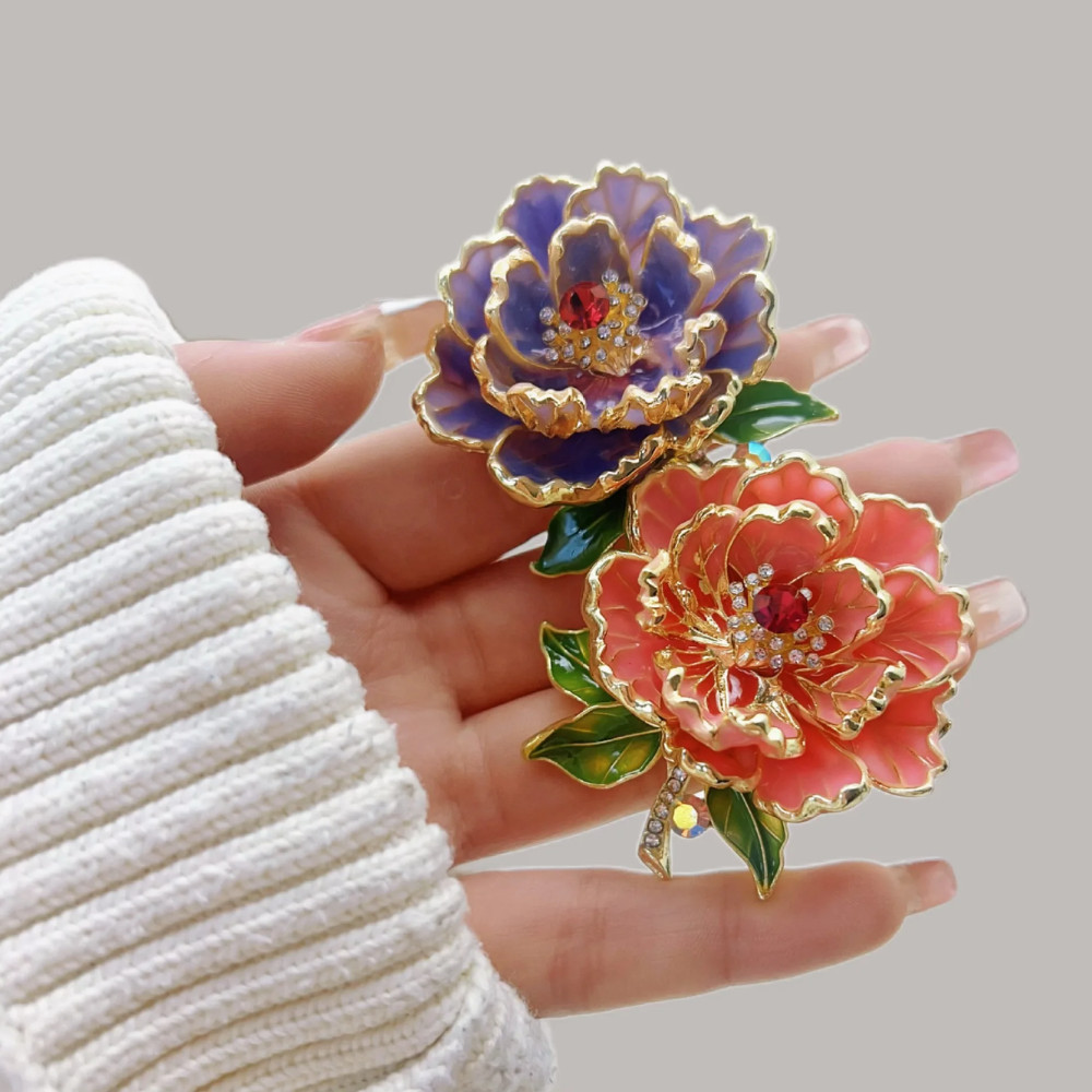 Gold Pink Peony Crystal Flower Brooch Enamel Rhinestone Pin Summer Jewelry Gift