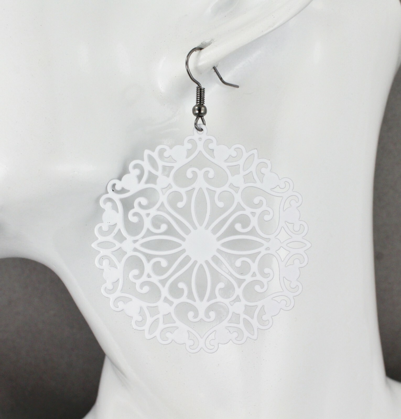 White round earrings cut out lace filigree scroll circle 2.5″ long very Light