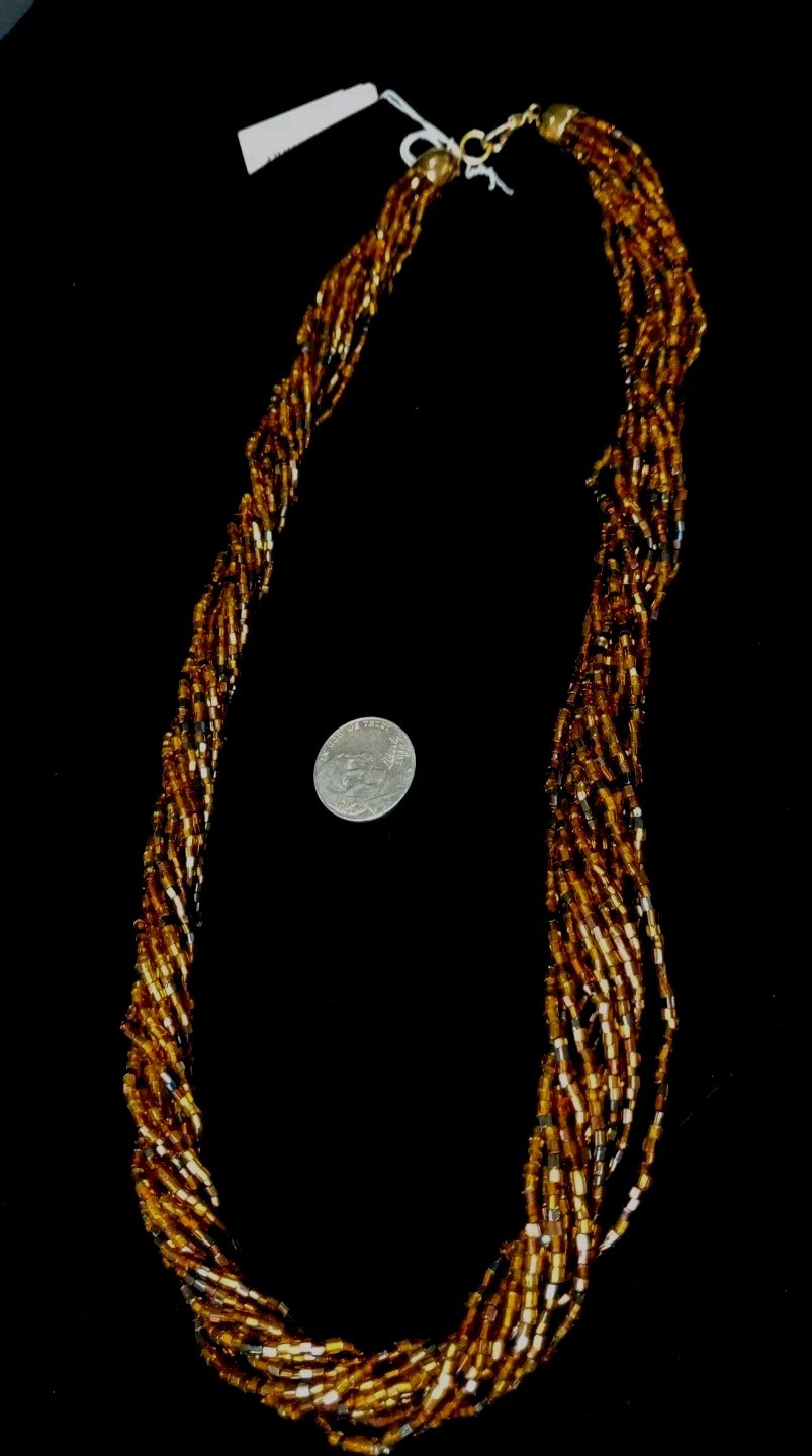 Vintage Czech Republic Boho Caramel Black Gold Glass Bead 12 Strand Necklace 50s