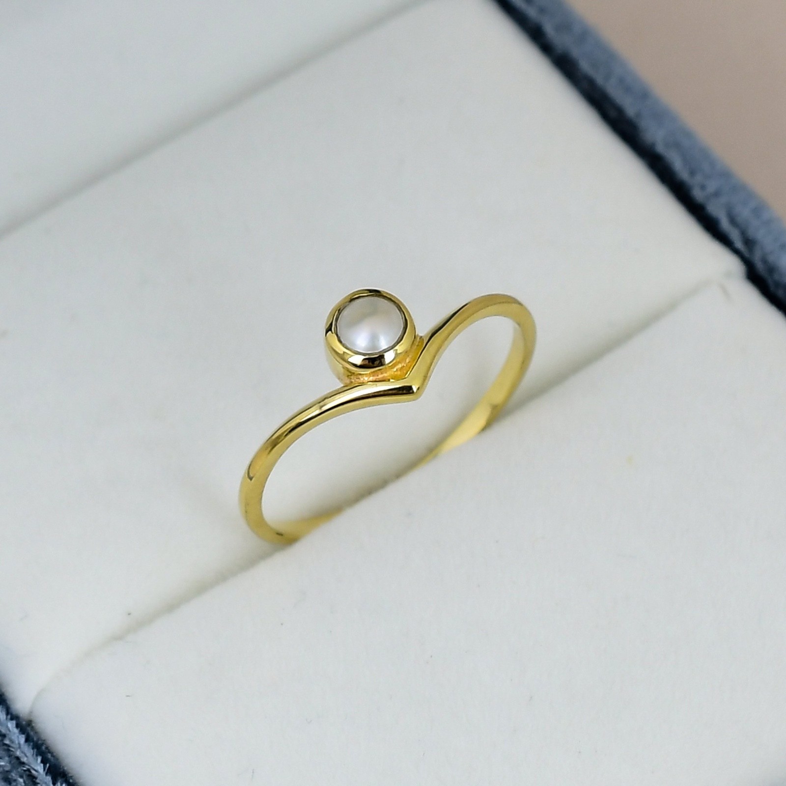 Pearl Ring 18K Gold Plated Round 4mm June Birthstone Minimalist Bezel Ring