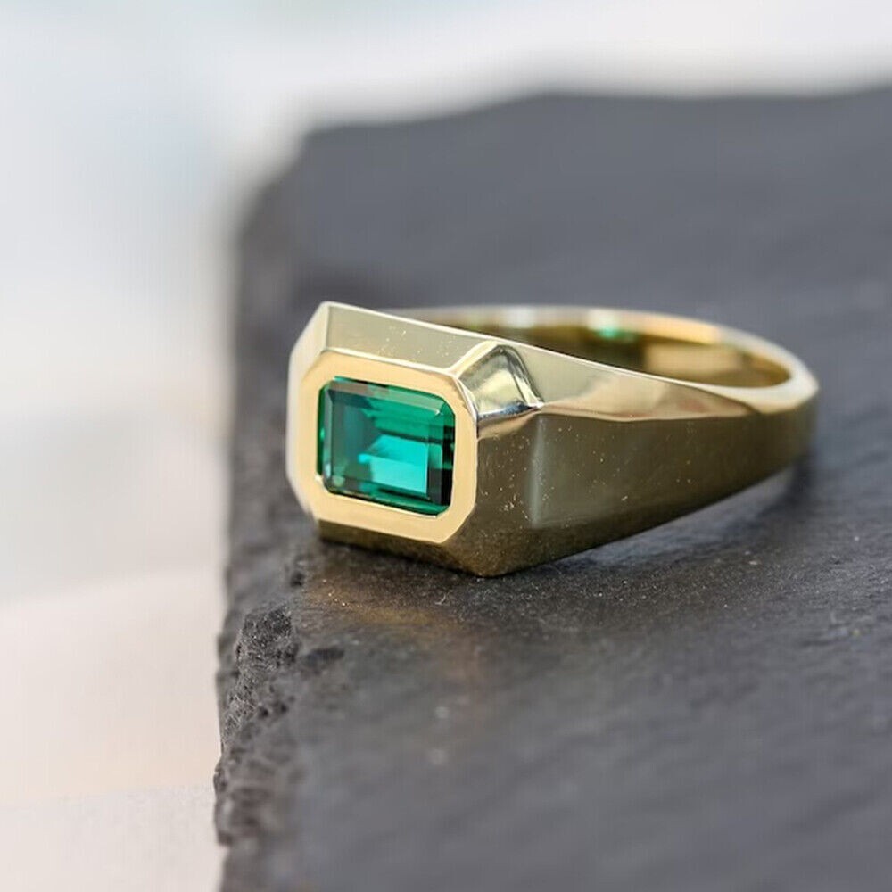 Men’s 1.50Ct Lab-Created Emerald Solitaire Wedding Ring 14K Yellow Gold Plated