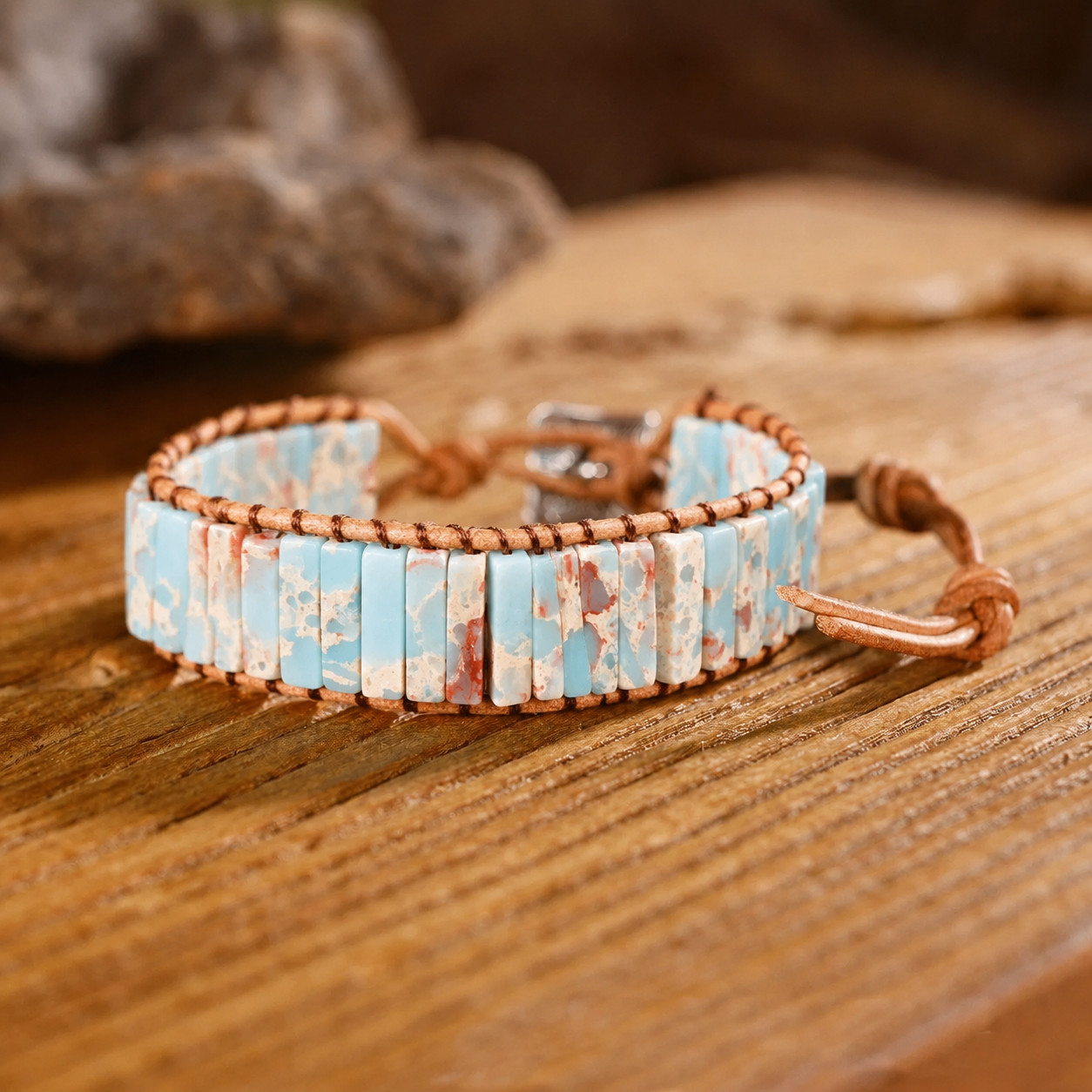 Natural Sea Sediment Jasper Bracelet Leather Wrap Boho Gemstone Flower Cuff