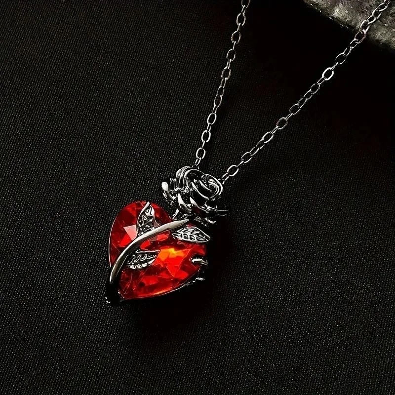 Red Crystal Heart Pendant Necklace Women Vintage Rose Flower Jewelry Gift