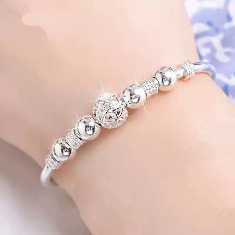 Fashion Silver Plated Alloy Openwork Lucky Bead Adjustable Bangle Cuff Bracelet