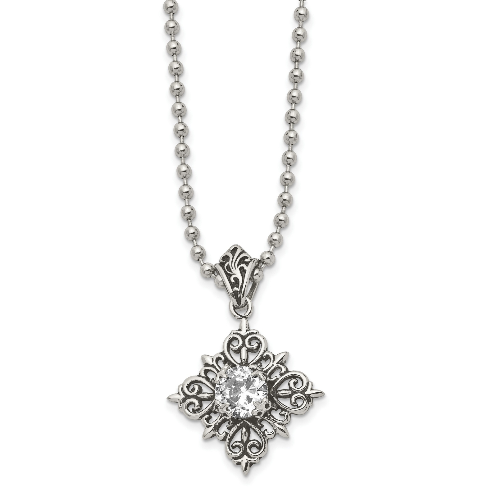 Stainless Steel Antiqued And Polished Glass Necklace