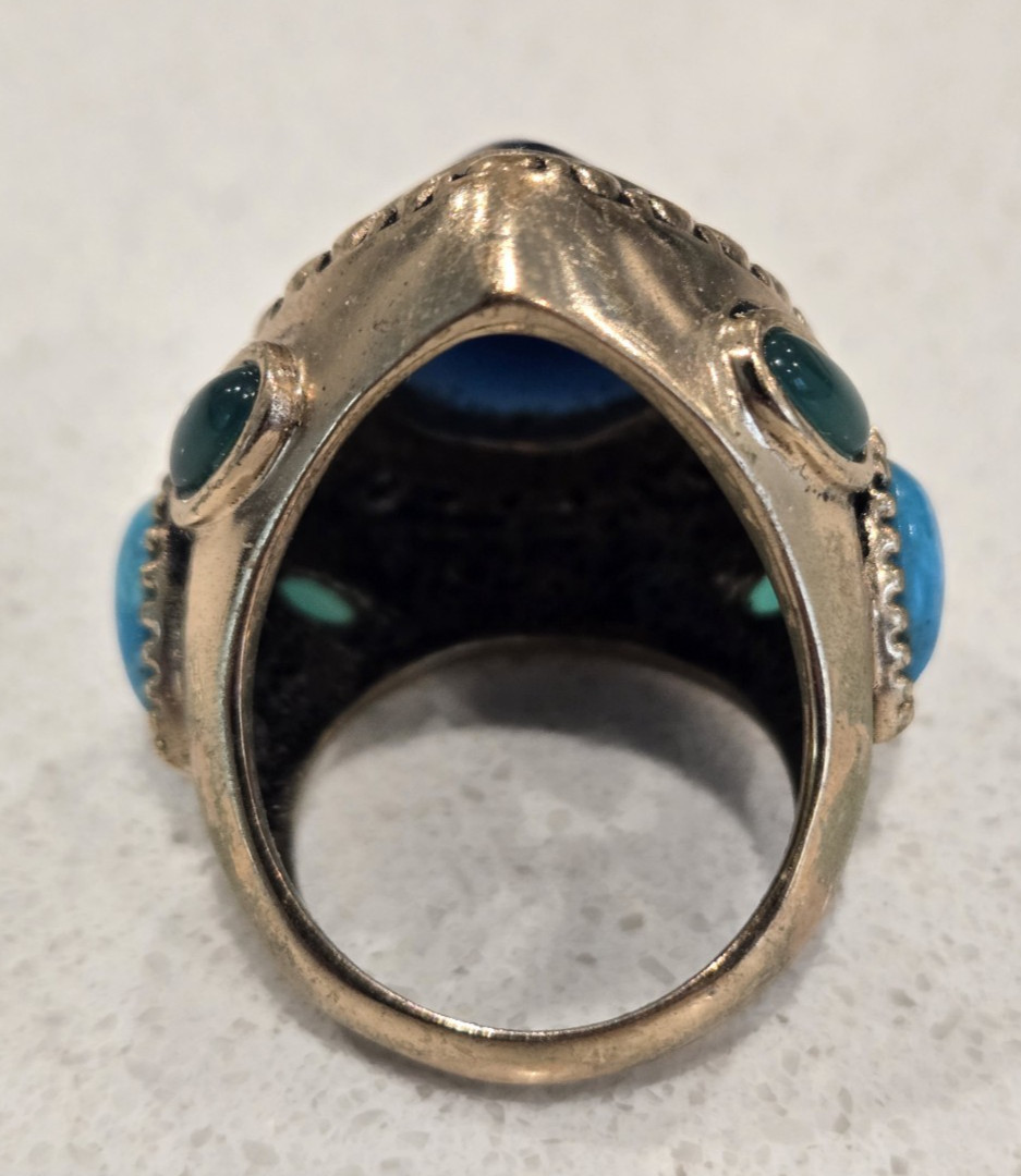 VTG Barse Thailand Bronze Ring Large Cocktail Statement Ring Cabochon Stone Blue