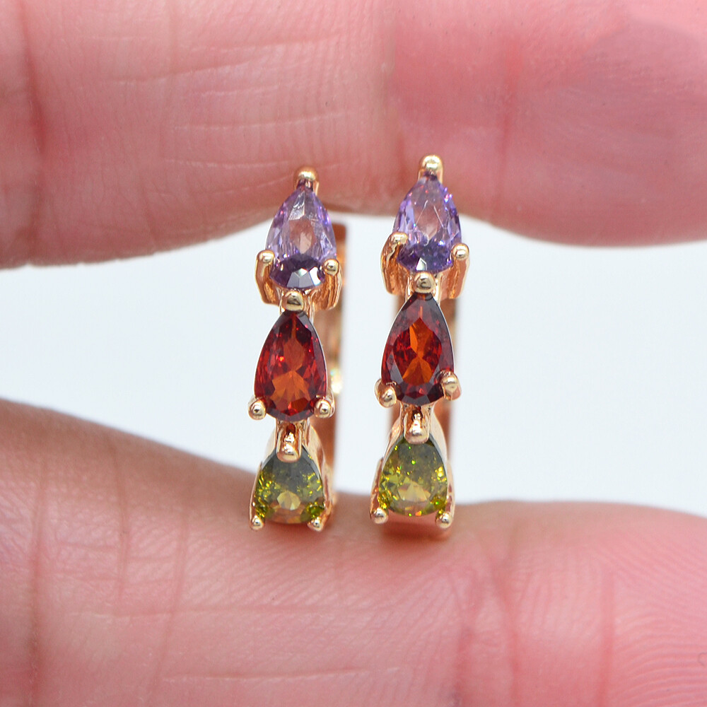18K Yellow Gold Filled Women Multicolor Topaz Teardrop CZ Hoop Huggie Earrings